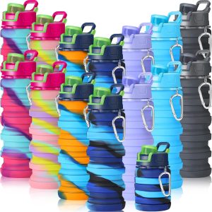 Sunnyray 14 Pack Collapsible Water Bottles Travel 17oz Silicone Portable Foldable Bottles Leak Proof Reusable Sports Cups with Clip for Camping Hiking Cycling Outdoor(Dark Color)